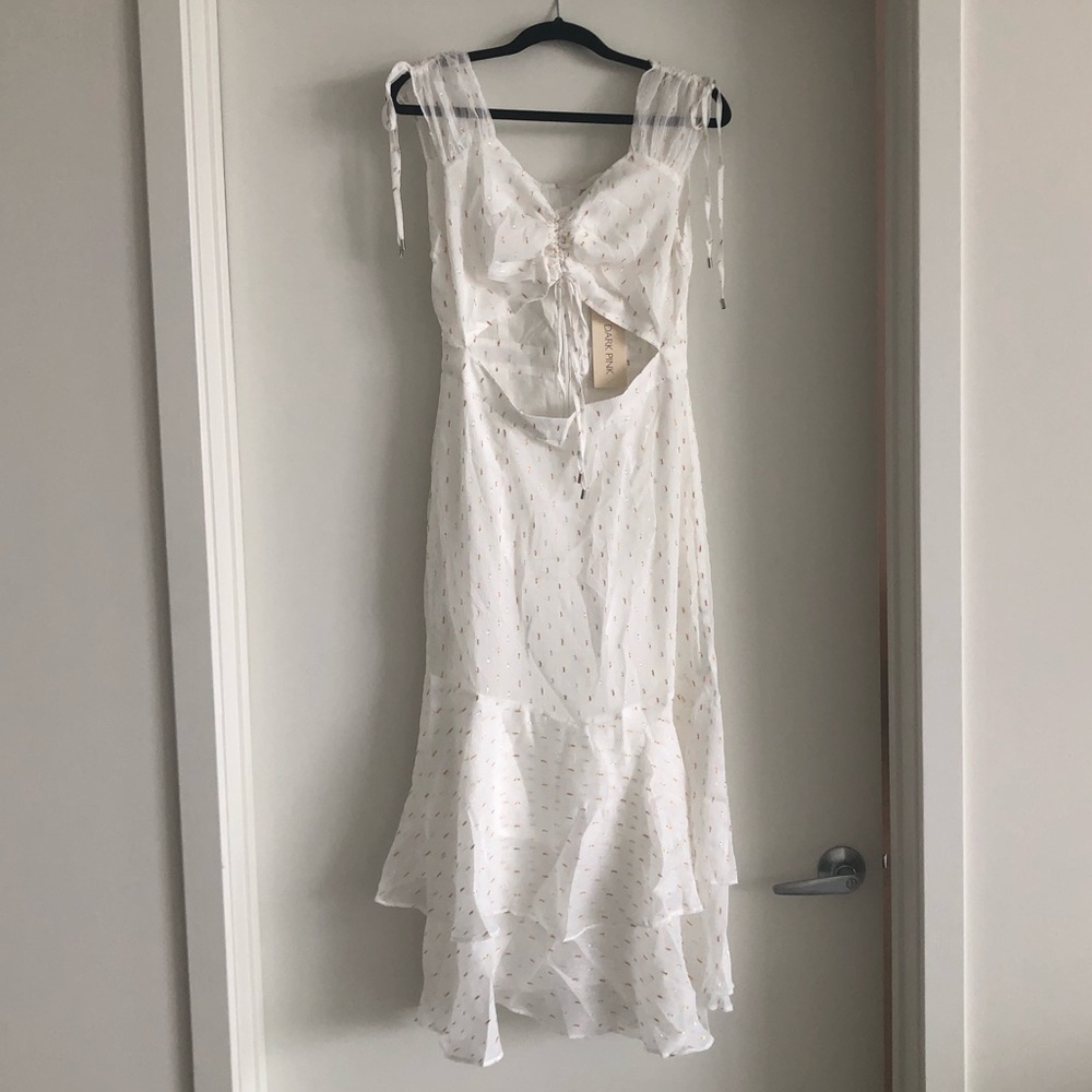 White Dress: Ties, Cut-outs, Gold/Silver Accents